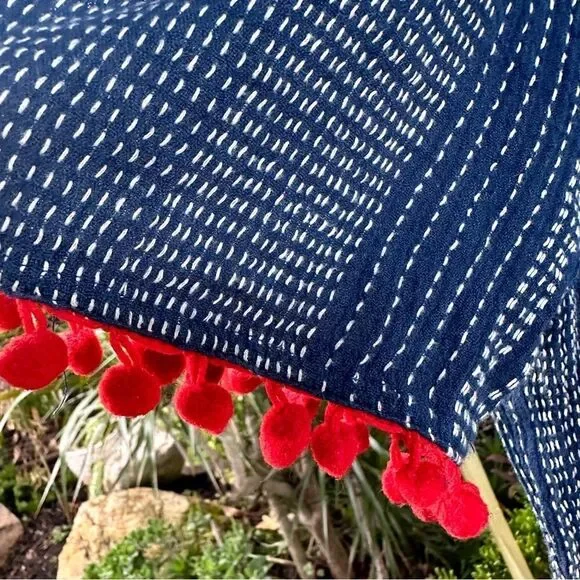 ANTHRO blue romper off the shoulder with embroidery red pompoms sz Large - Picture 7 of 13